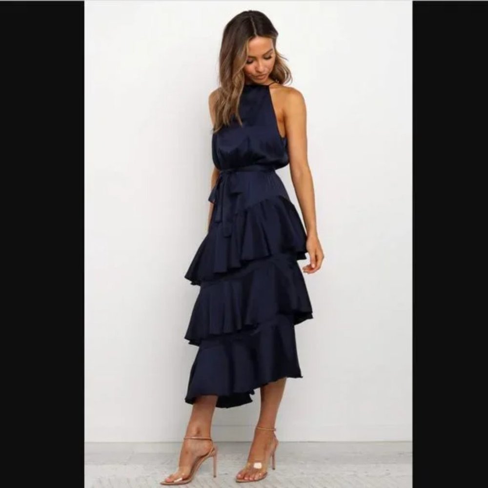 Petal & Pup Navy Blue Satin Seychelle Ruffle Tiered Midi Dress 10 - Picture 3 of 11